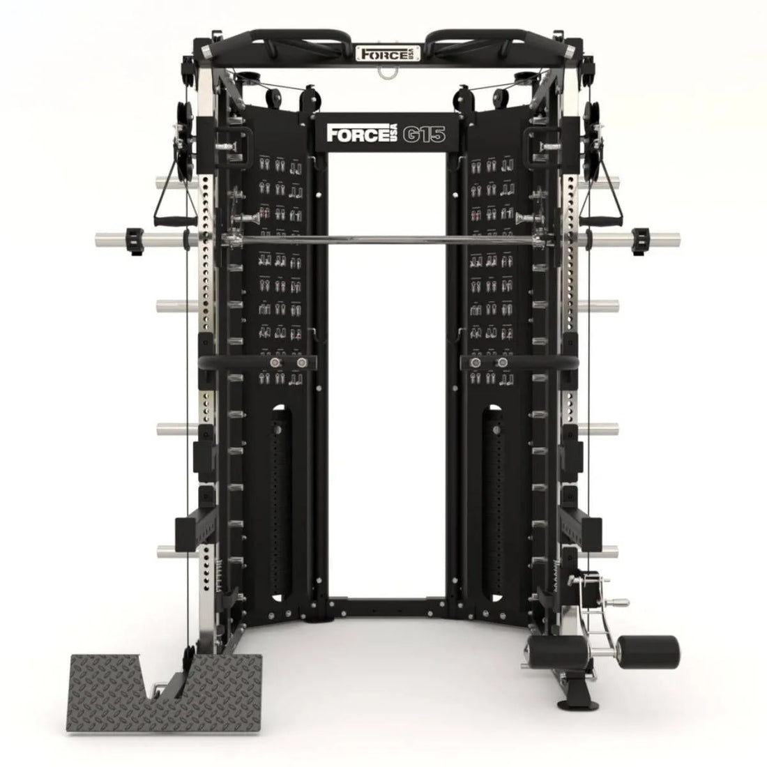 Force USA G15® All-In-One Trainer featuring Smith Machine, power rack, and dual adjustable pulleys.

