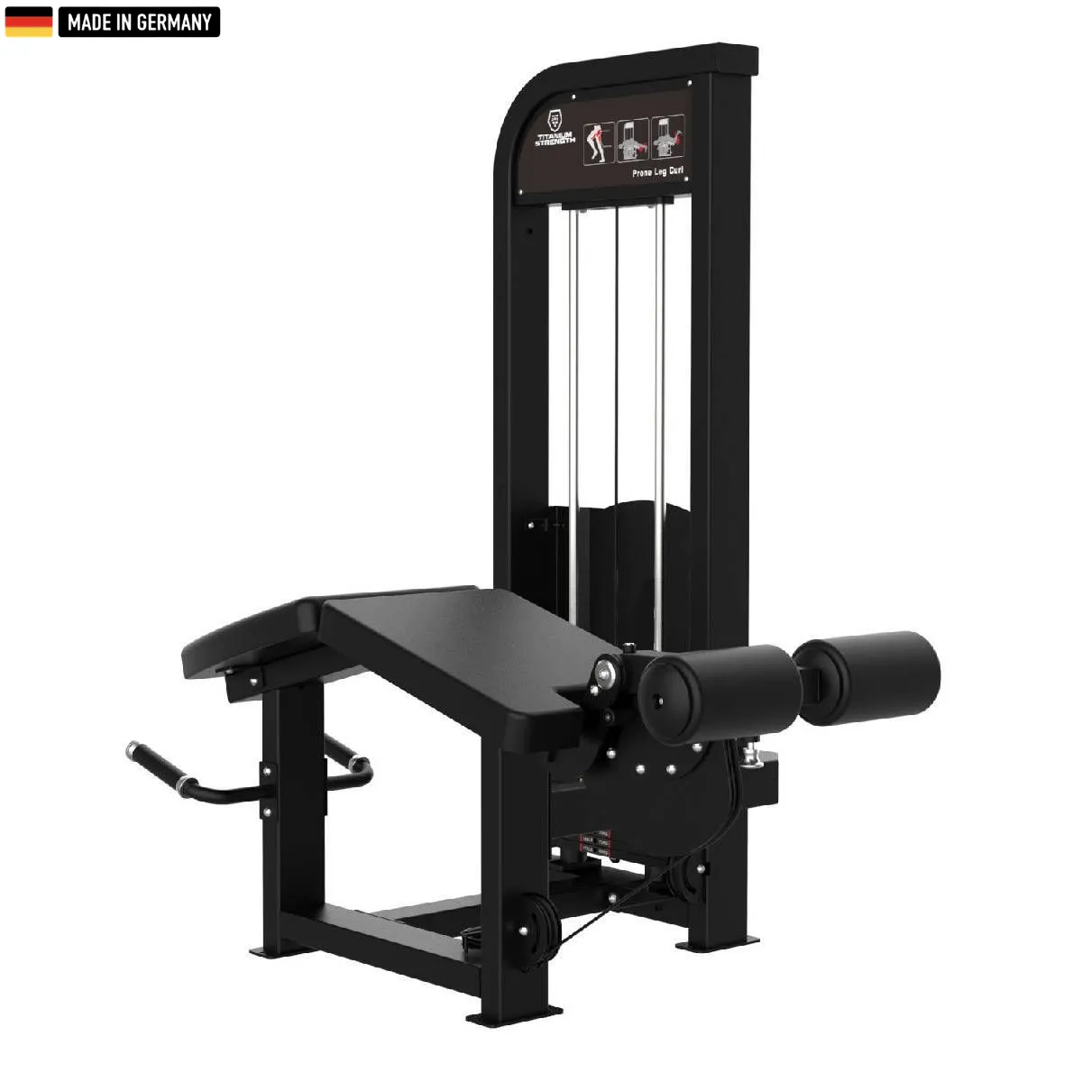 "Titanium Strength Selectorized Lying Leg Curl Machine for hamstring workouts."

