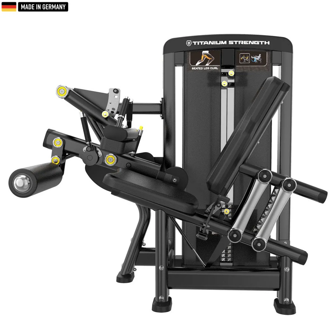 "Titanium Strength Genesis Series Selectorized Seated Leg Curl – premium hamstring training machine."

