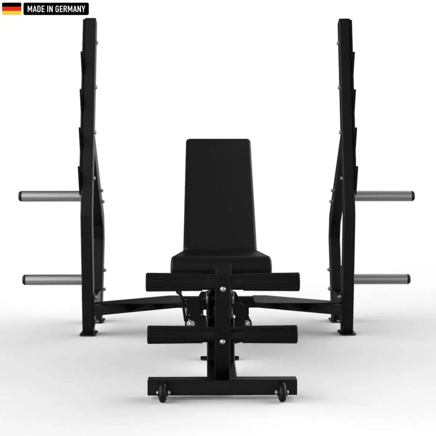 "Adjustable multi-position Olympic weight bench with flat, incline, and decline settings for versatile strength training."

