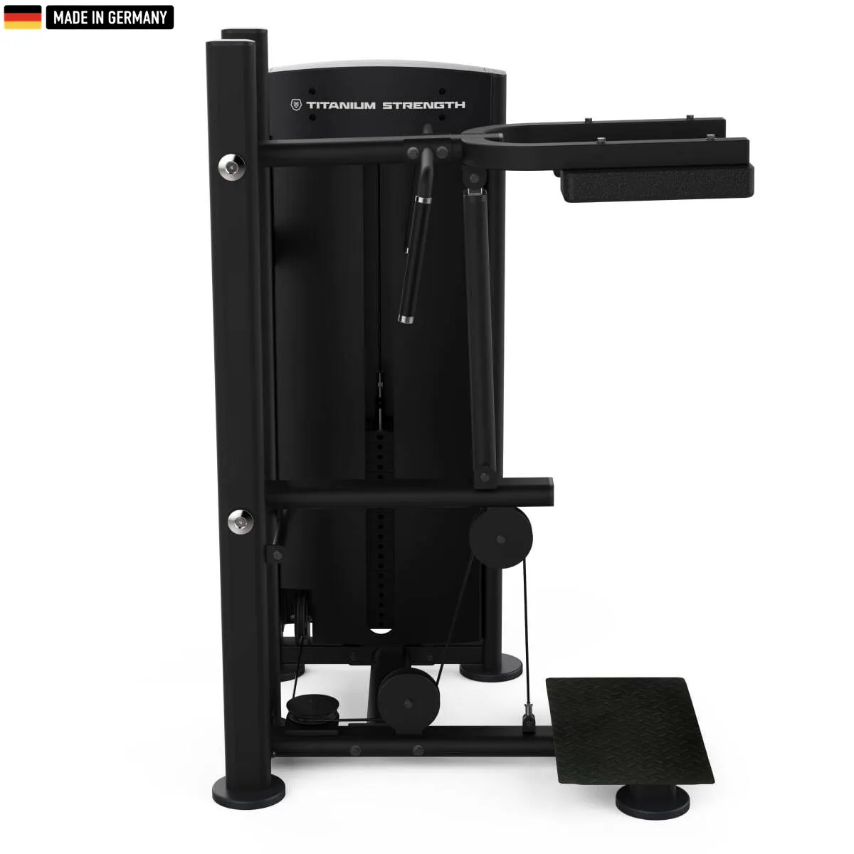 "Titanium Strength Black Series Standing Calf Raise Machine – premium lower body training equipment."

