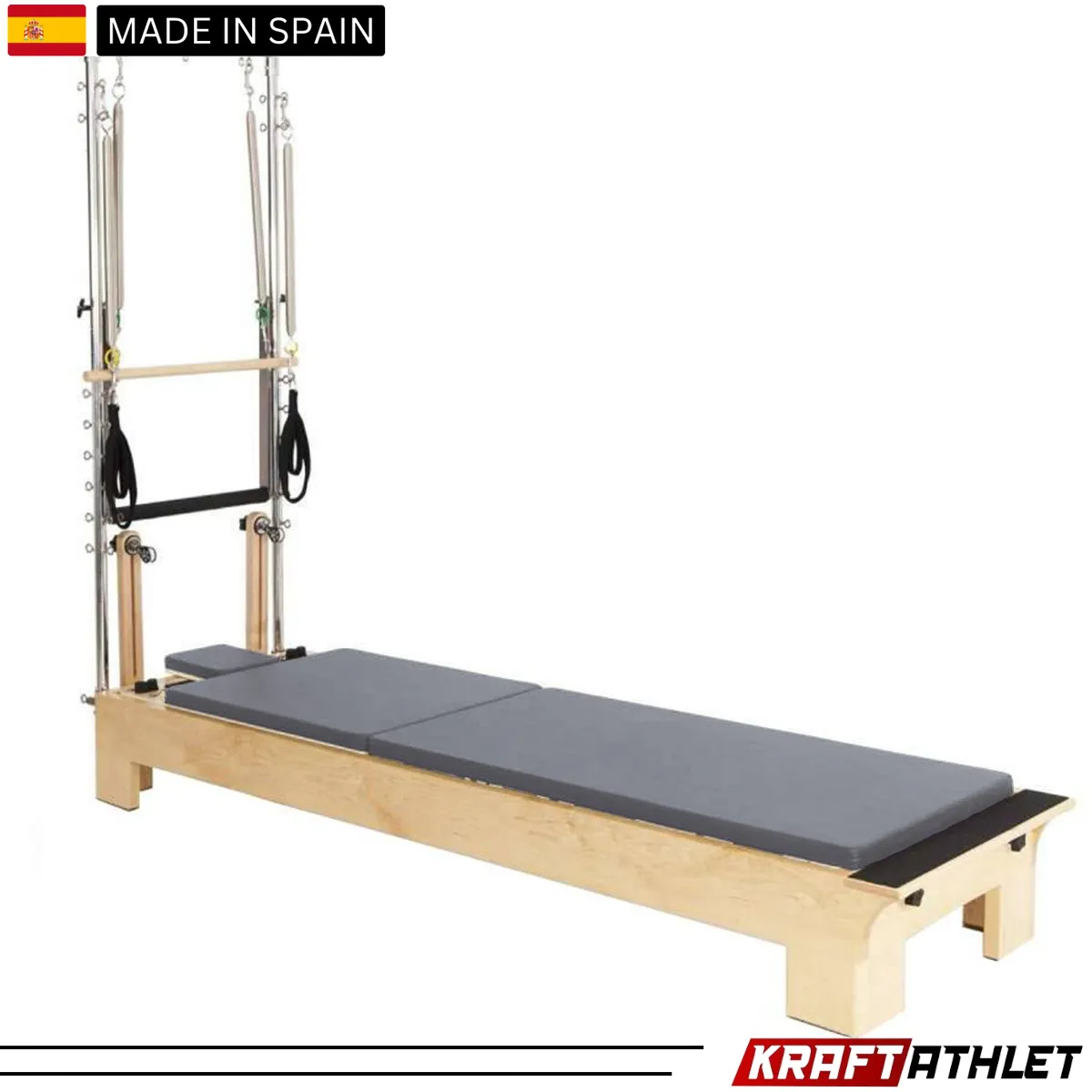 "Elina Pilates Wood Half Trapeze Reformer with adjustable tower and smooth gliding carriage."

