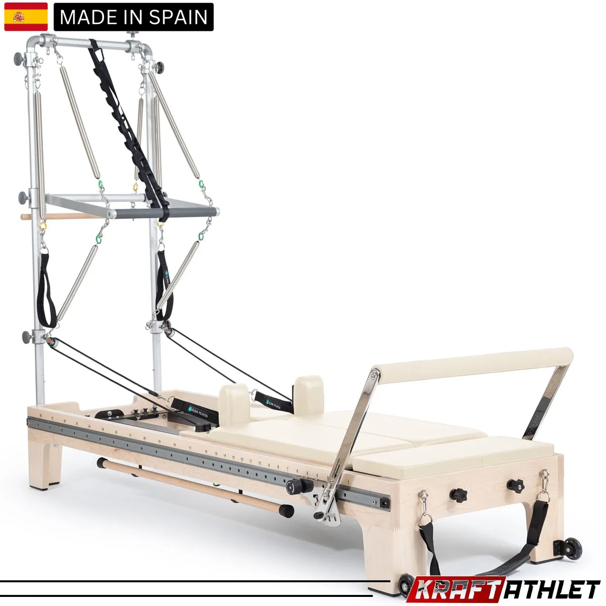 "Elina Pilates Twin Reformer in grey – a high-quality reformer designed for dual users in Pilates studios."

