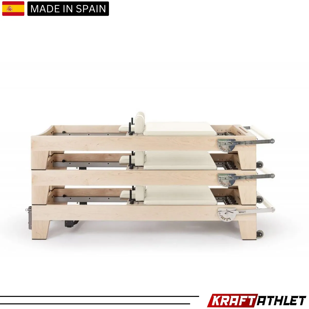 "Elina Pilates Elite Wood Reformer with Tower, featuring a sleek wooden frame and adjustable tower for a full-body Pilates workout."

