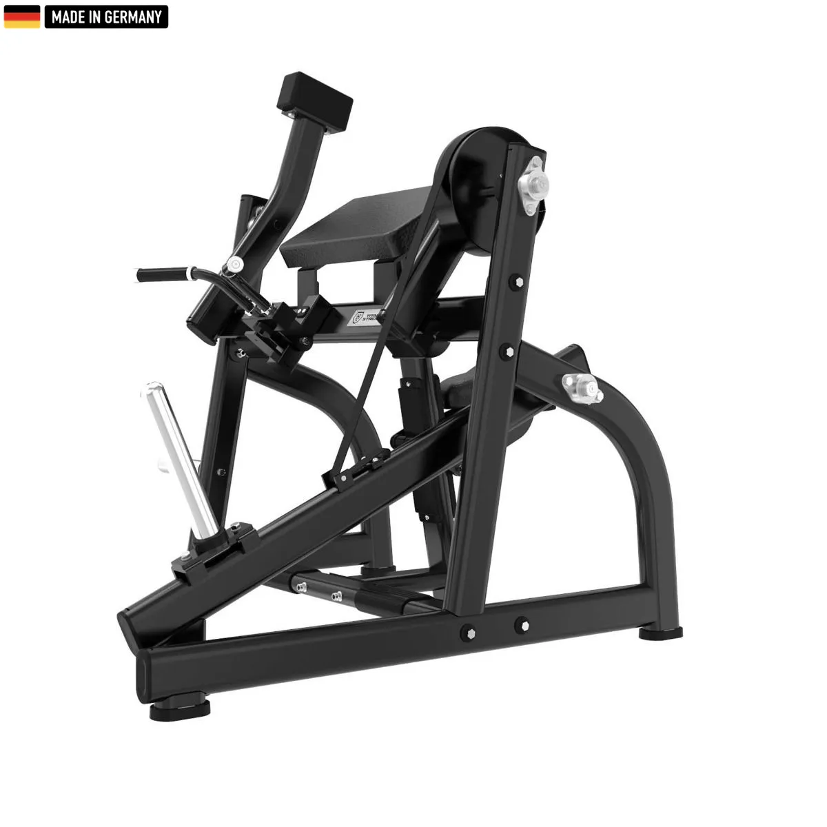 "Titanium Strength Plate-Loaded Bicep Curl Machine for targeted arm training."

