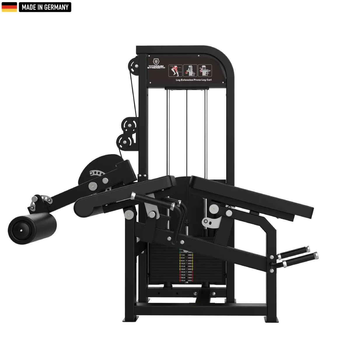 "Titanium Strength Selectorized Dual Leg Curl & Leg Extension Machine for complete leg workouts."

