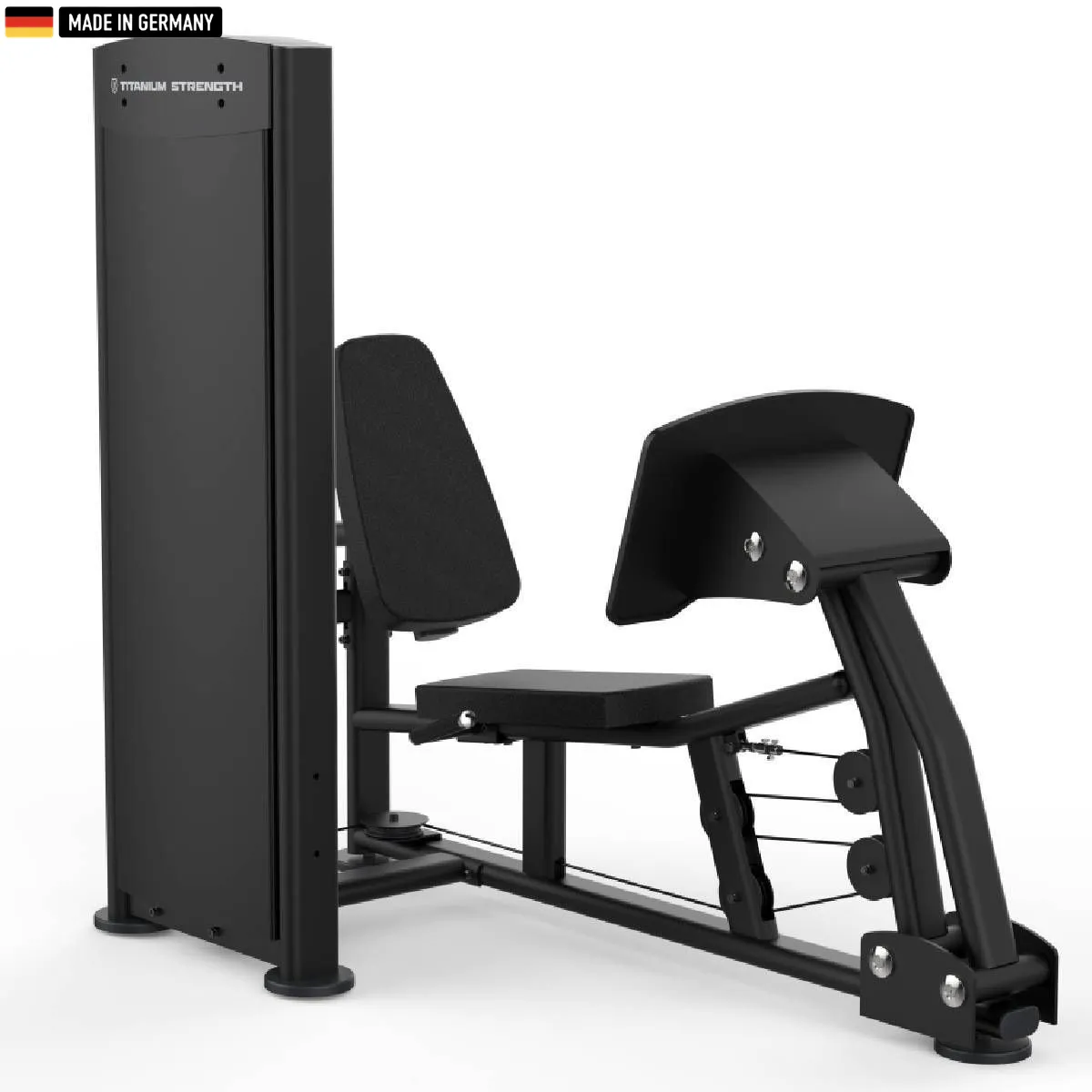 Titanium Strength Black Series Seated Leg Press and Calf Raise machine in a professional gym setting.