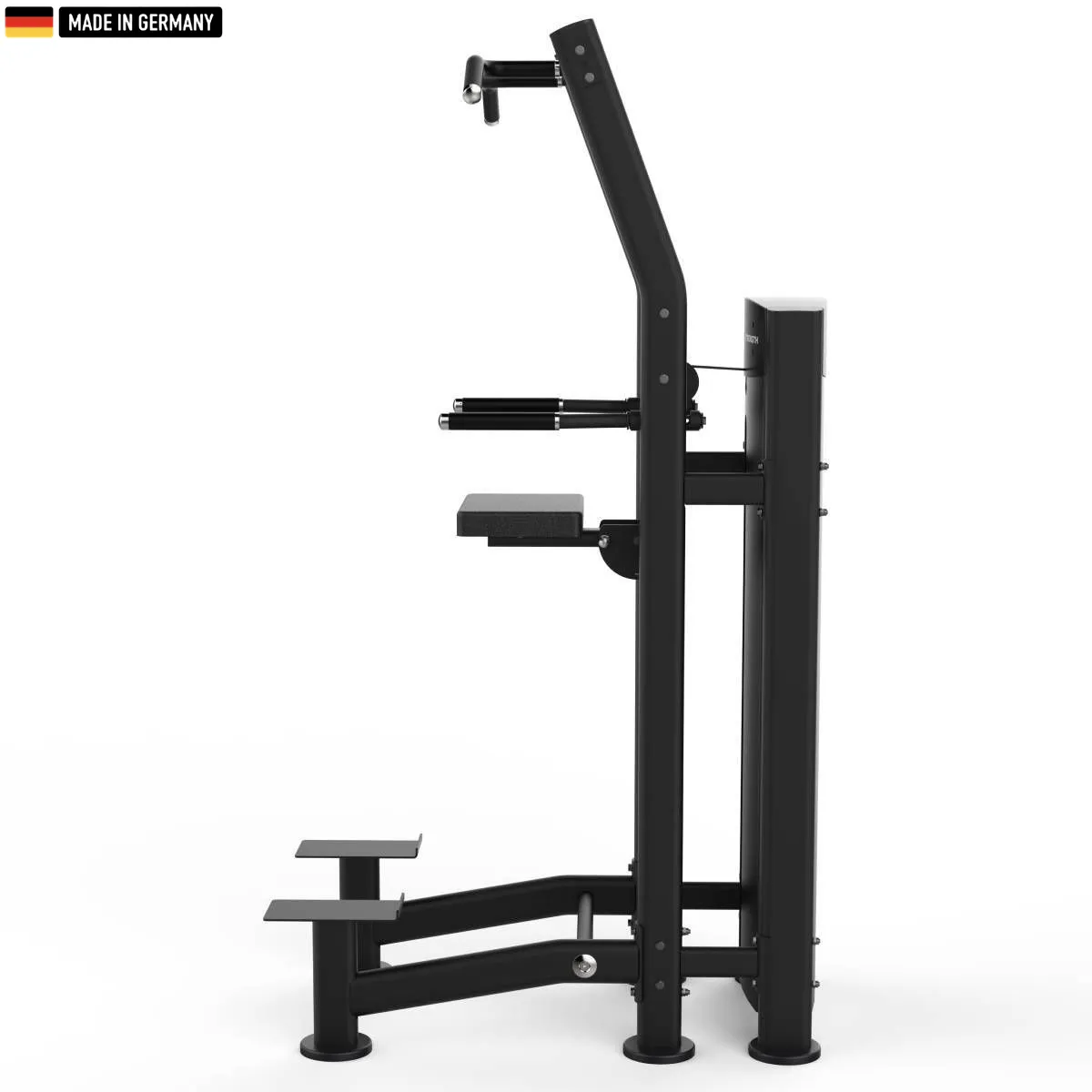 Titanium Strength Black Series Assisted Dip & Pull-Up Machine showing ergonomic grips and knee pad for professional gym use