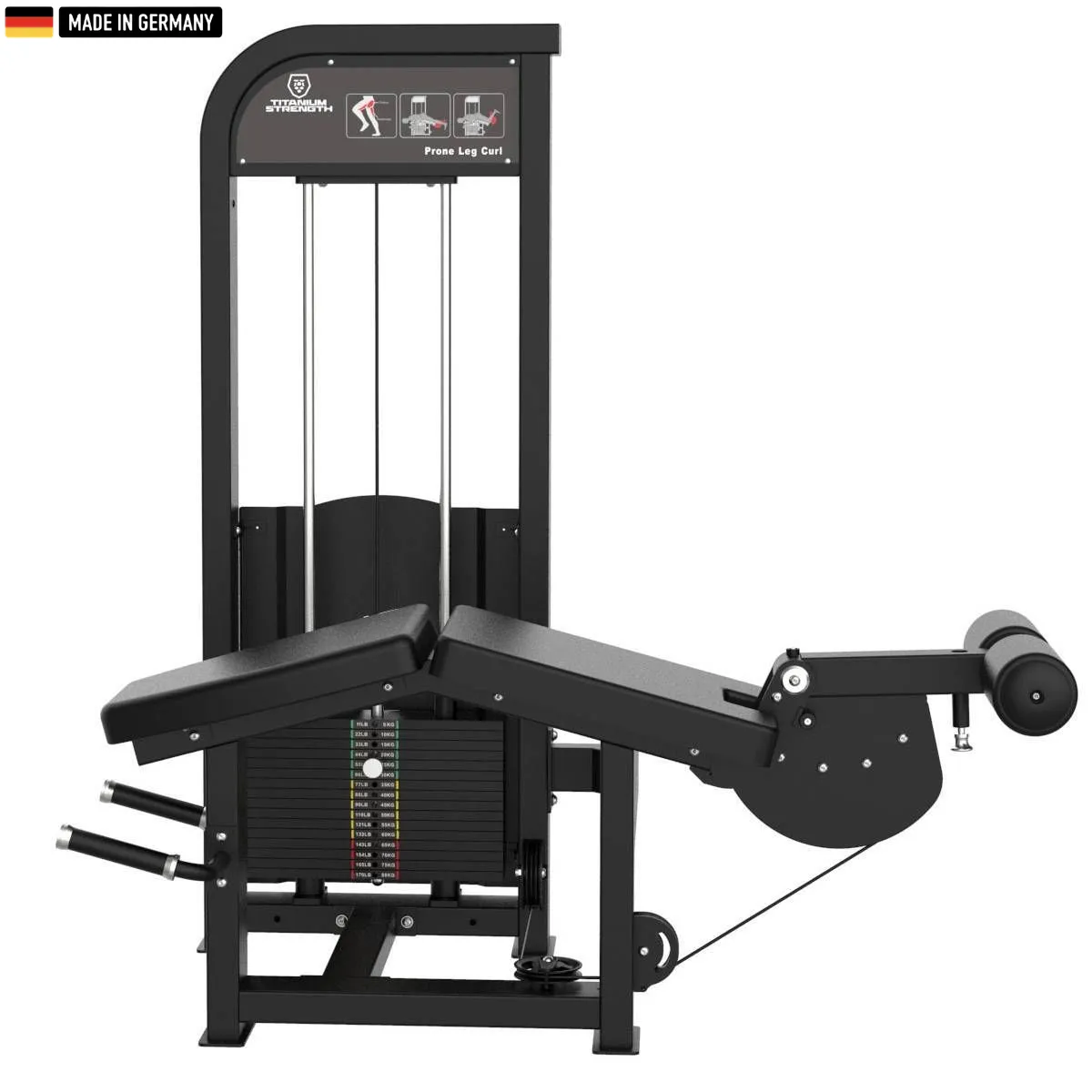 "Titanium Strength Selectorized Lying Leg Curl Machine for hamstring workouts."

