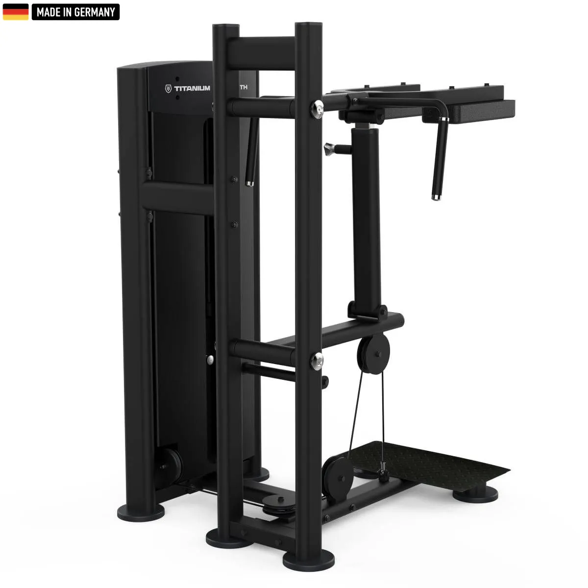 "Titanium Strength Black Series Standing Calf Raise Machine – premium lower body training equipment."

