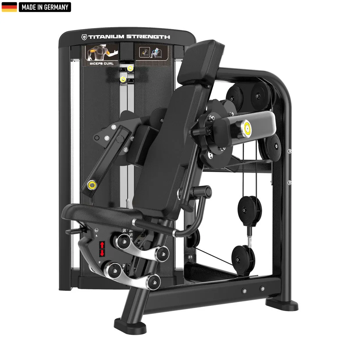 "Genesis Series Selectorized Unilateral Biceps Curl Machine for targeted arm training."

