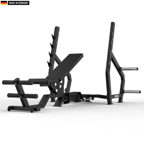 "Adjustable multi-position Olympic weight bench with flat, incline, and decline settings for versatile strength training."


