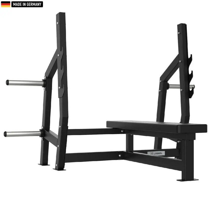 "Heavy-duty Olympic Flat Bench for strength training and weightlifting."

