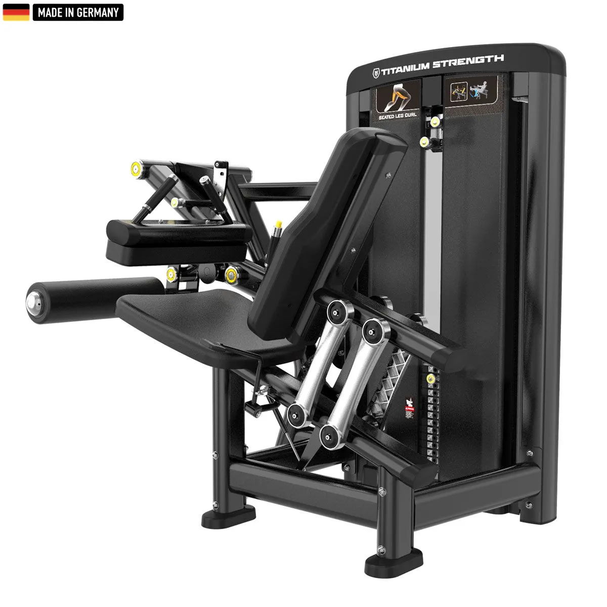 "Titanium Strength Genesis Series Selectorized Seated Leg Curl – premium hamstring training machine."

