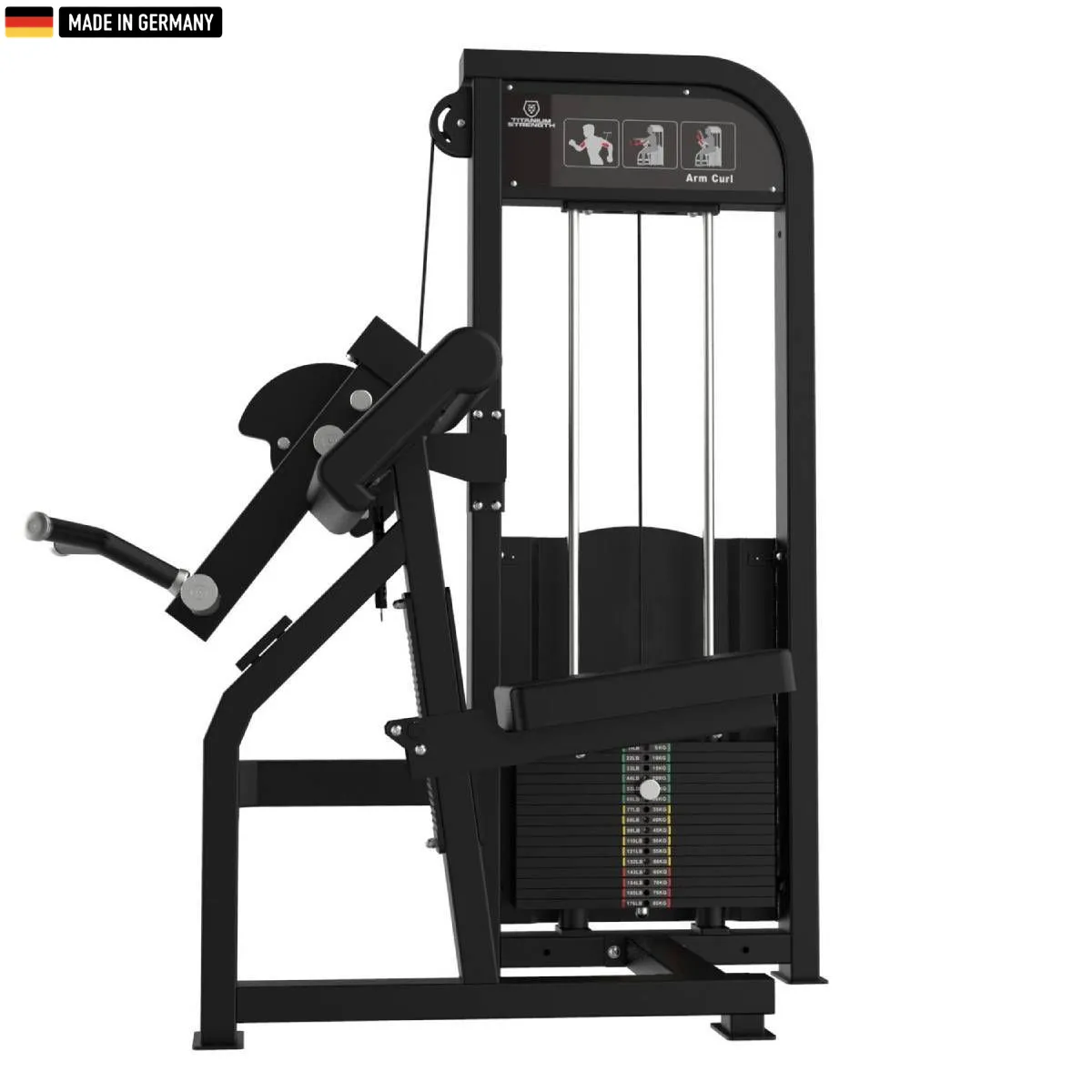 "Titanium Strength Selectorized Biceps Curl Machine for isolated arm workouts."
