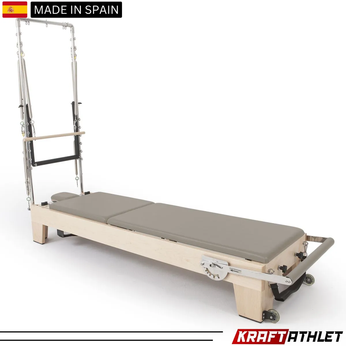 "Elina Pilates Elite Wood Reformer with Tower, featuring a sleek wooden frame and adjustable tower for a full-body Pilates workout."

