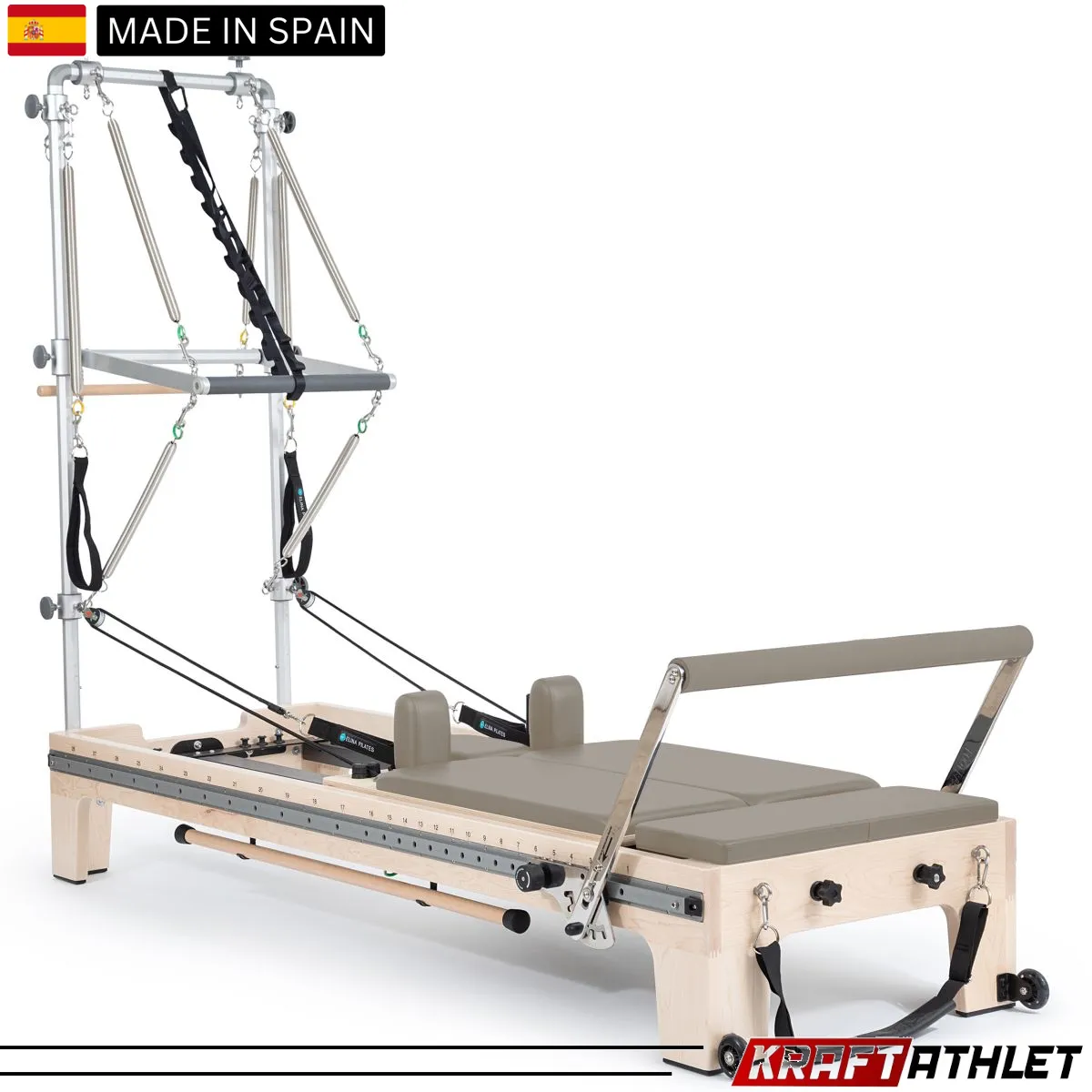 "Elina Pilates Twin Reformer in grey – a high-quality reformer designed for dual users in Pilates studios."

