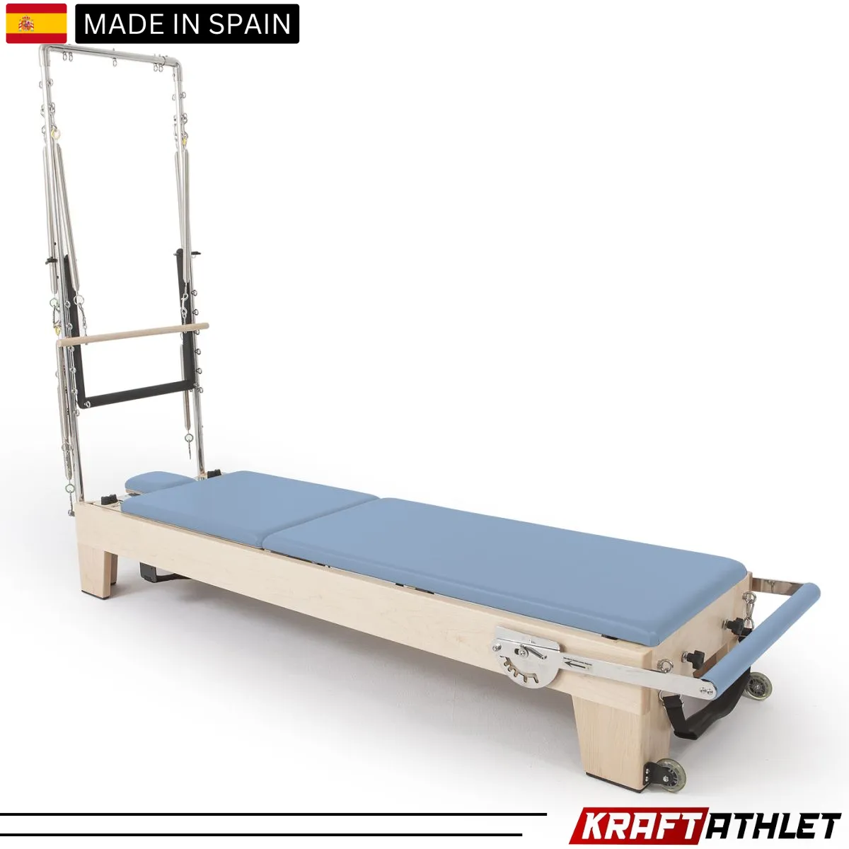 "Elina Pilates Elite Wood Reformer with Tower, featuring a sleek wooden frame and adjustable tower for a full-body Pilates workout."

