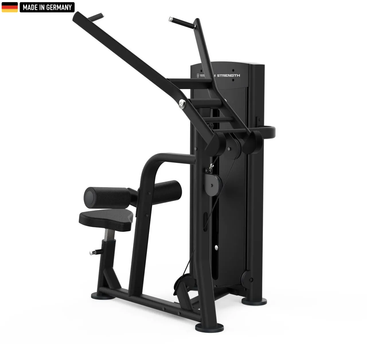 Elite Series Titanium Strength Black Series Lat Pulldown Machine in a modern gym setting