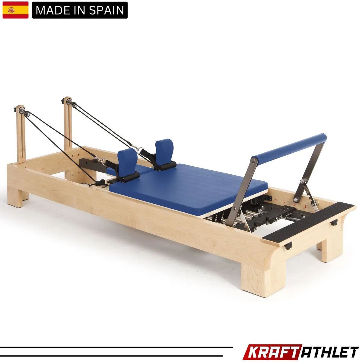 "Elina Pilates Wooden Reformer with adjustable resistance for professional Pilates training."

