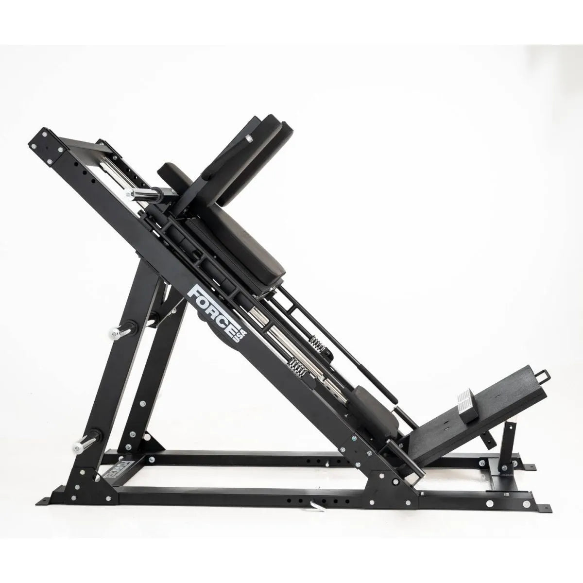 Force USA Ultimate V2 Leg Press Hack Squat Combo showcasing leg press, hack squat, reverse hack squat, and calf raise functionalities.