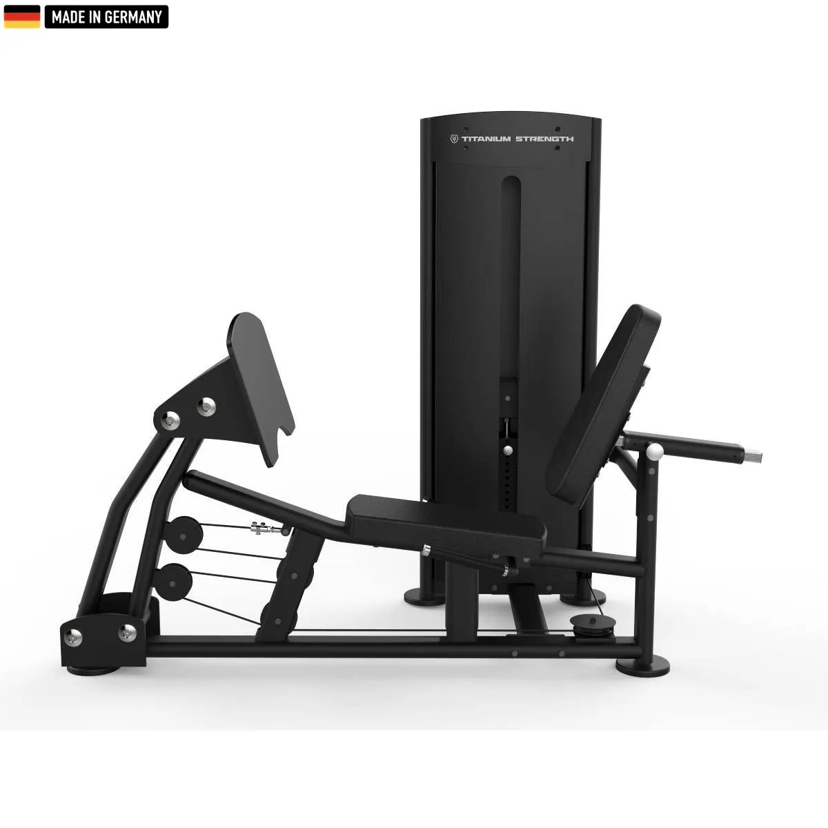 Titanium Strength Black Series Seated Leg Press and Calf Raise machine in a professional gym setting.