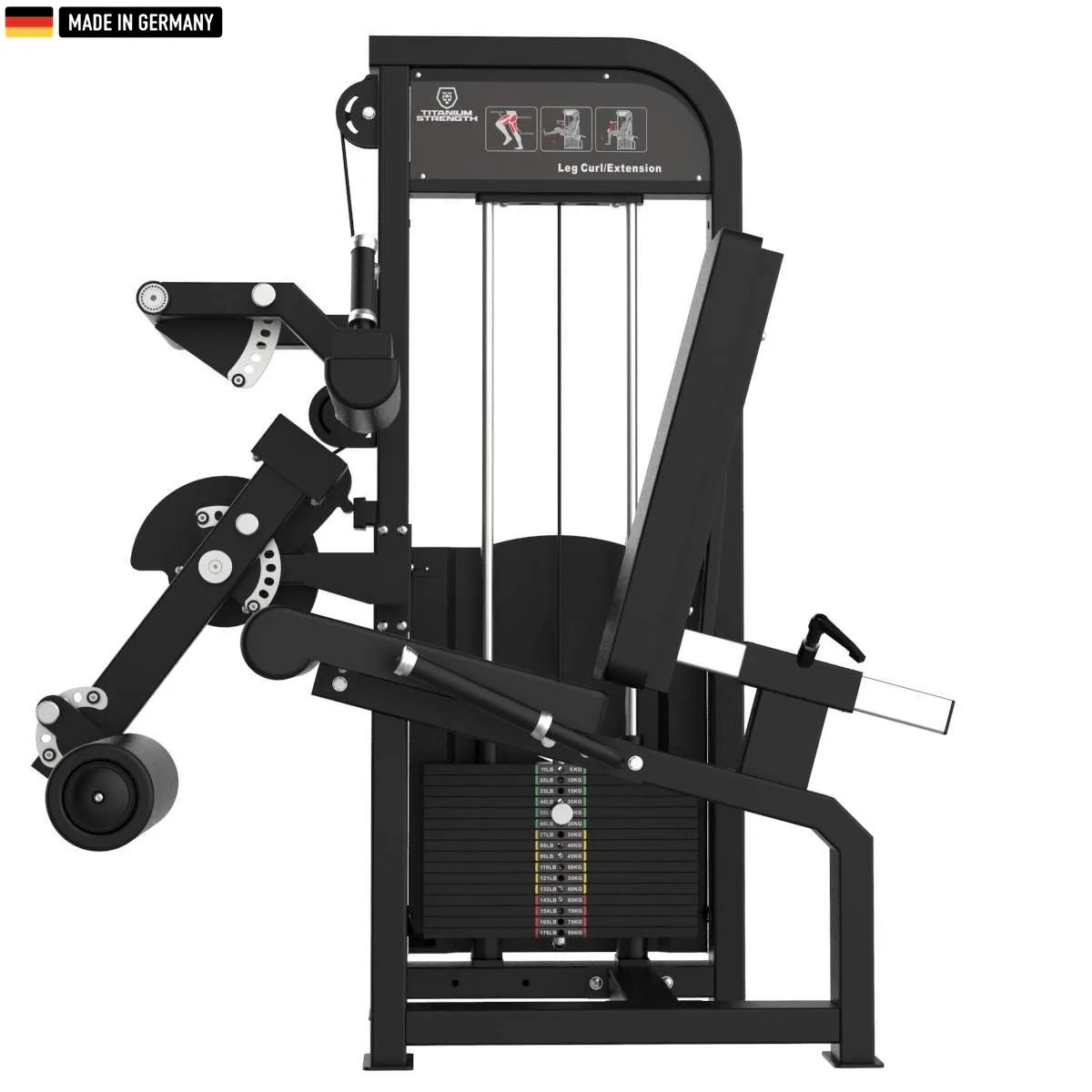 "Titanium Strength Selectorized Dual Seated Leg Curl & Leg Extension Machine – premium lower body training equipment."

