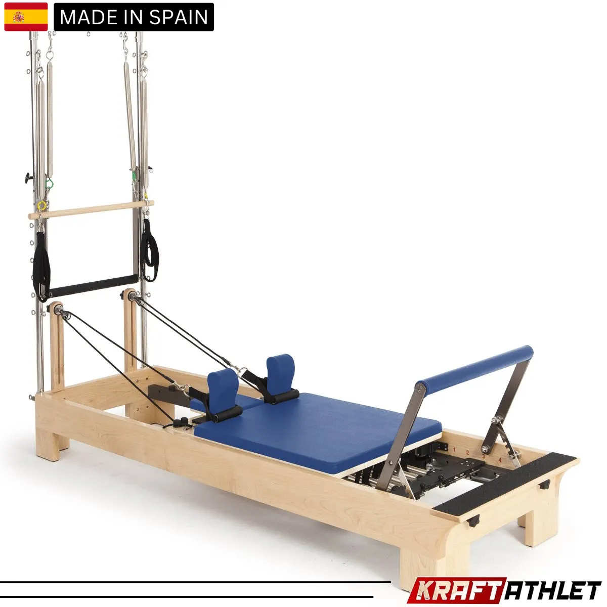 "Elina Pilates Wood Half Trapeze Reformer with adjustable tower and smooth gliding carriage."

