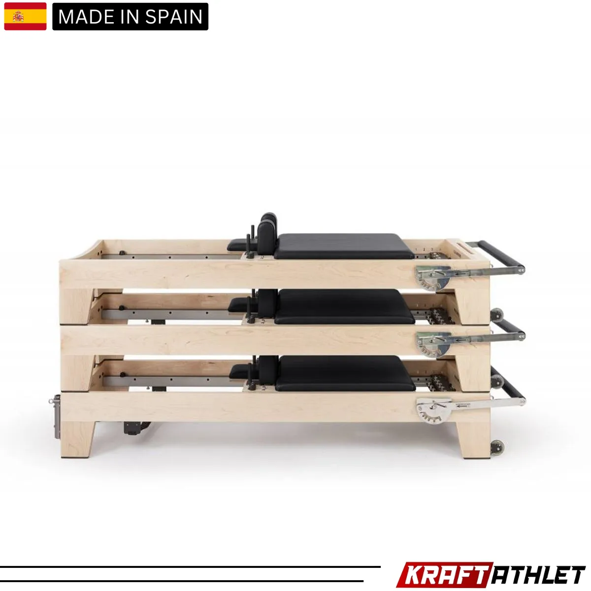 "Elina Pilates Elite Wood Reformer with Tower, featuring a sleek wooden frame and adjustable tower for a full-body Pilates workout."

