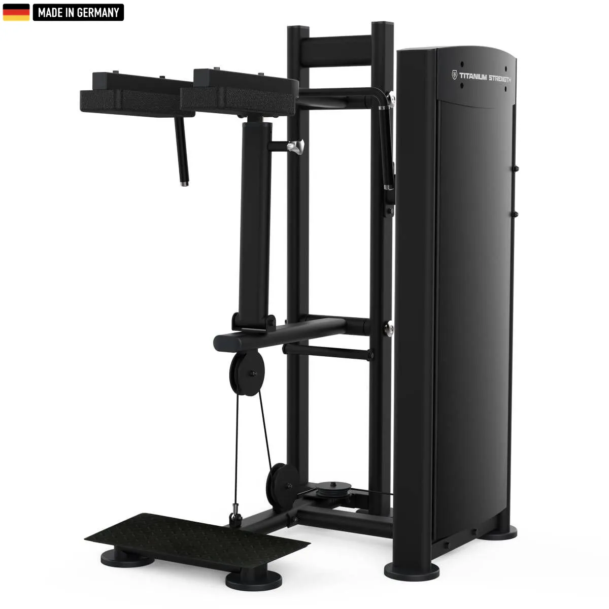 "Titanium Strength Black Series Standing Calf Raise Machine – premium lower body training equipment."

