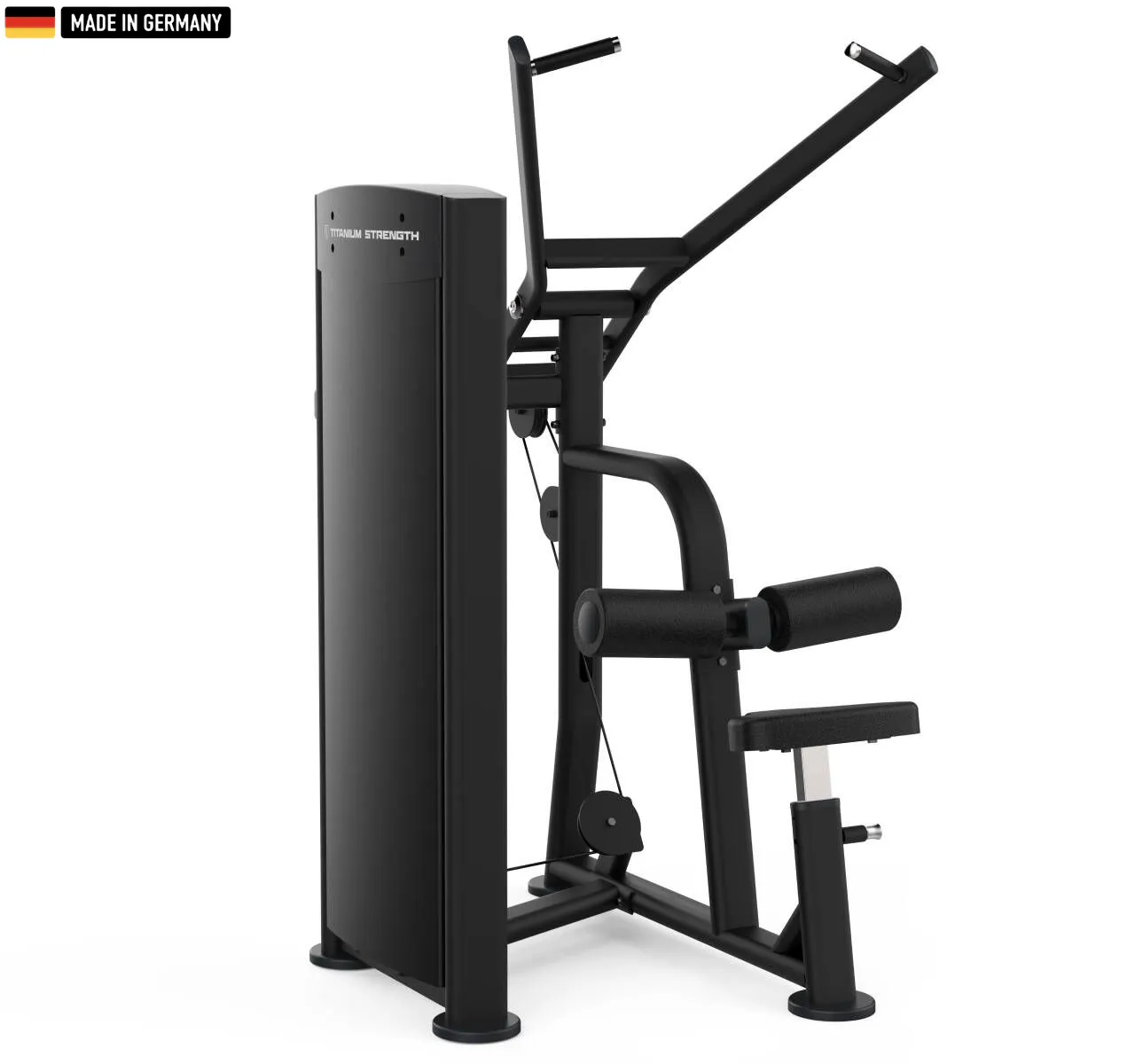 Elite Series Titanium Strength Black Series Lat Pulldown Machine in a modern gym setting