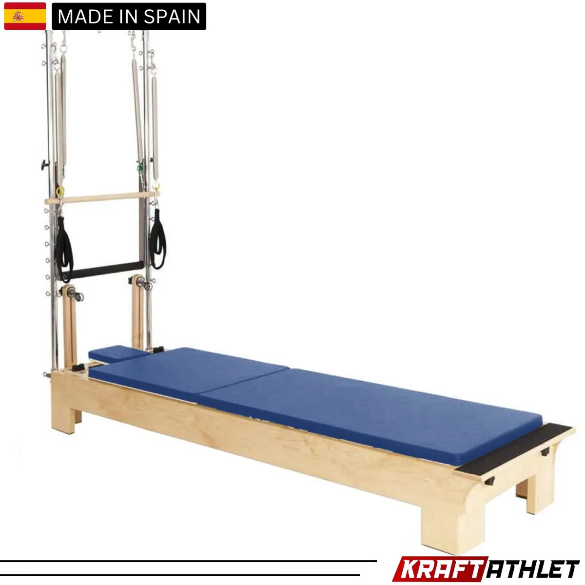 "Elina Pilates Wood Half Trapeze Reformer with adjustable tower and smooth gliding carriage."

