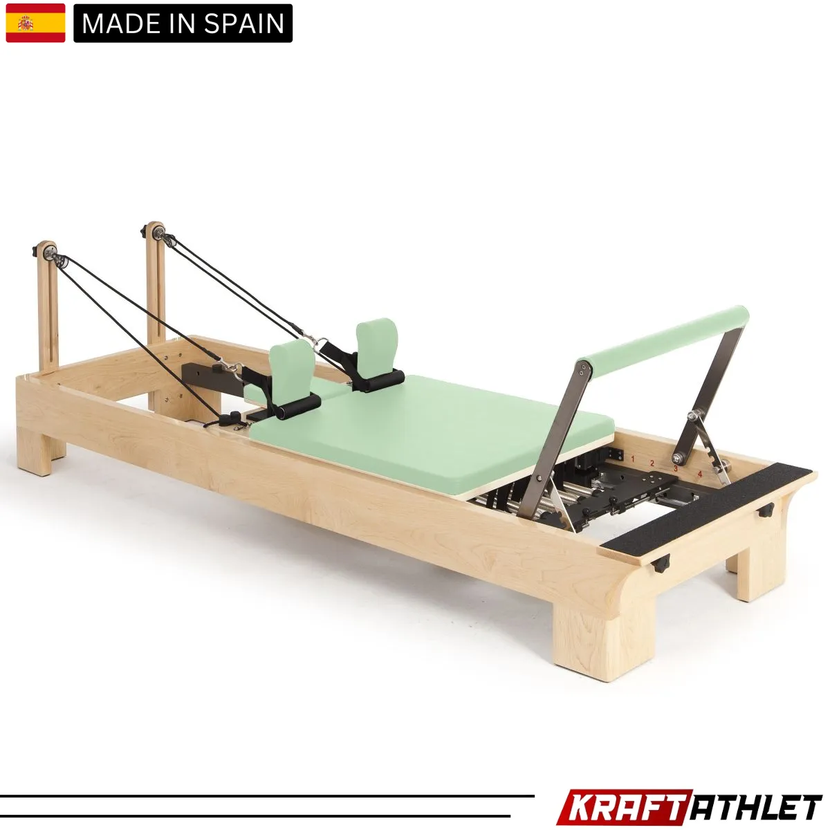 "Elina Pilates Wooden Reformer with adjustable resistance for professional Pilates training."

