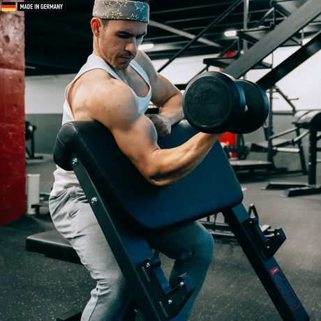 "Professional Scott Preacher Curl Bench for isolated biceps training."

