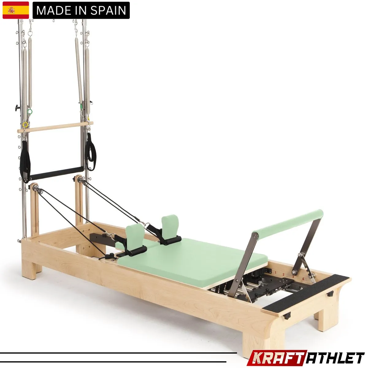 "Elina Pilates Wood Half Trapeze Reformer with adjustable tower and smooth gliding carriage."

