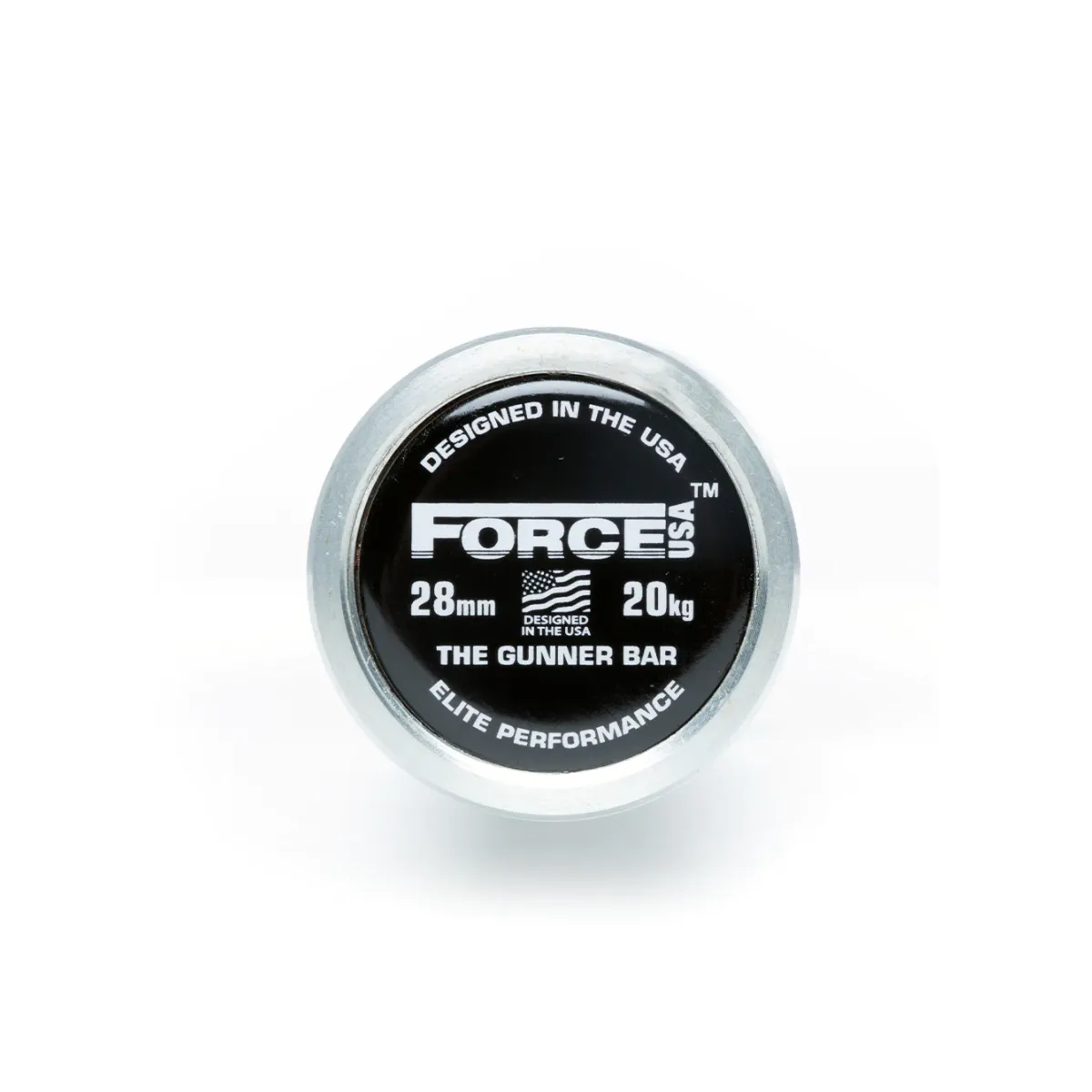 Force USA The Gunner Olympic Bar – 2.20m long, black barbell with silver sleeves and precise knurling.
