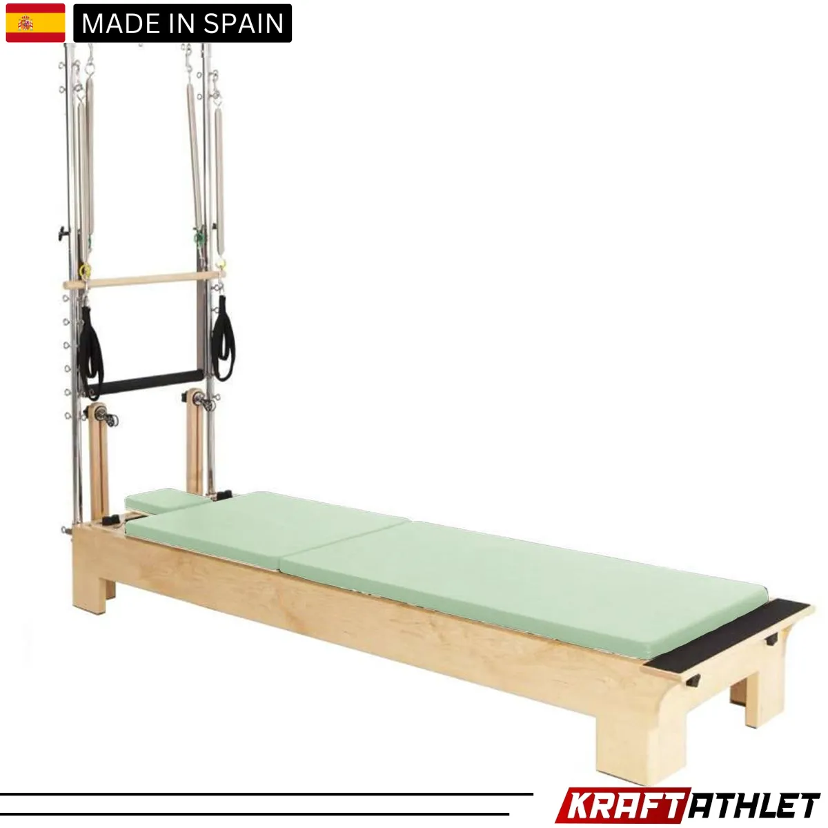 "Elina Pilates Wood Half Trapeze Reformer with adjustable tower and smooth gliding carriage."


