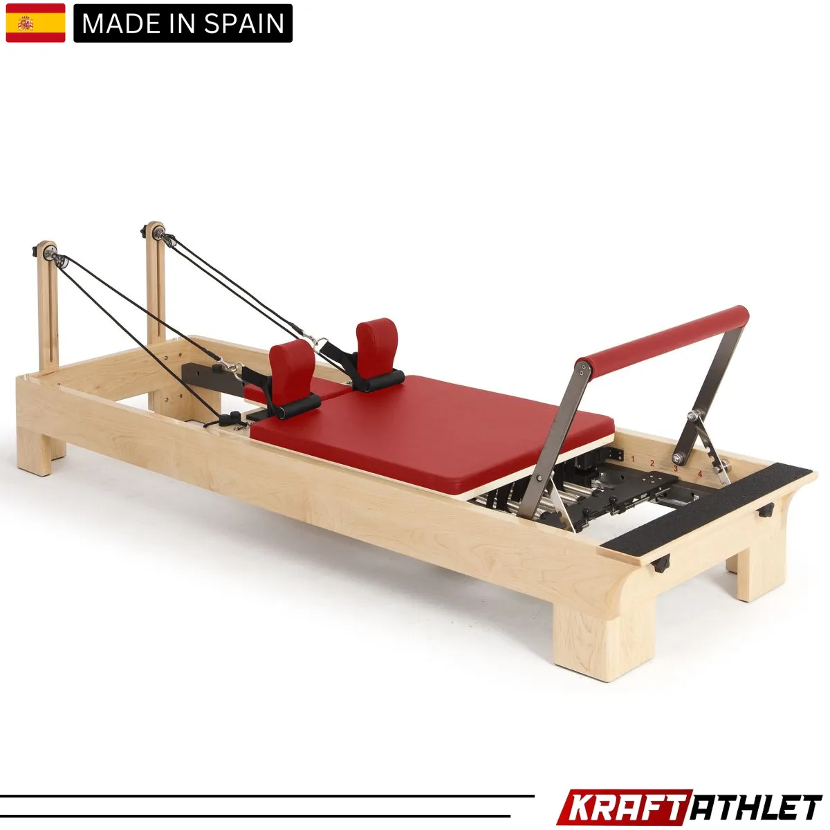 "Elina Pilates Wooden Reformer with adjustable resistance for professional Pilates training."

