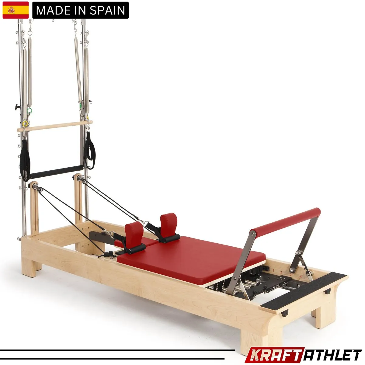 "Elina Pilates Wood Half Trapeze Reformer with adjustable tower and smooth gliding carriage."

