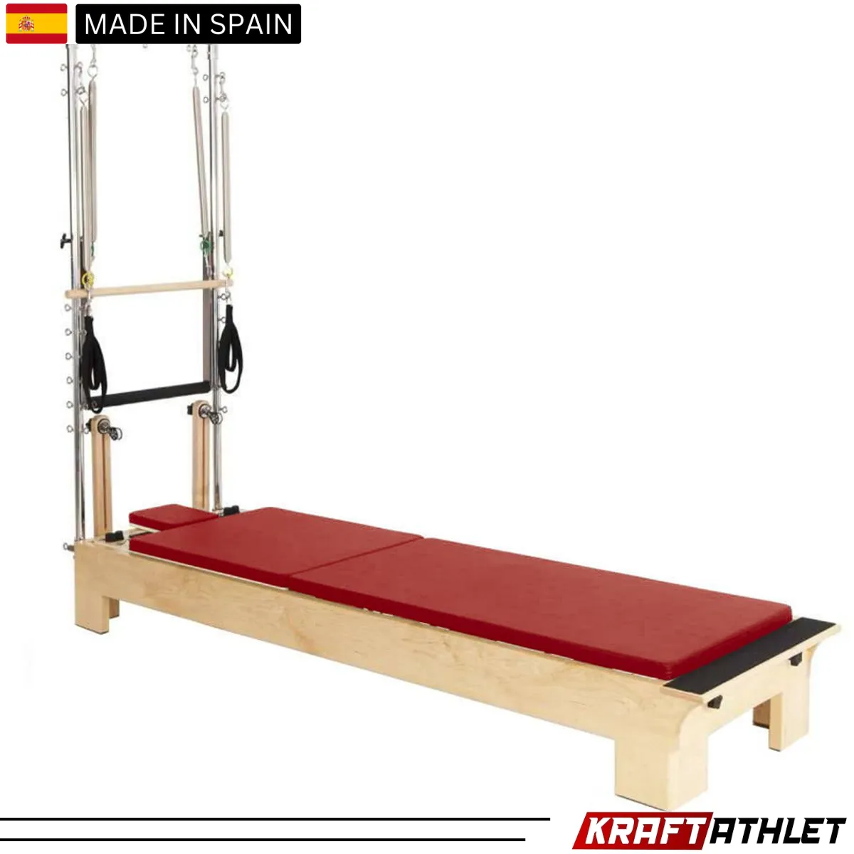 "Elina Pilates Wood Half Trapeze Reformer with adjustable tower and smooth gliding carriage."

